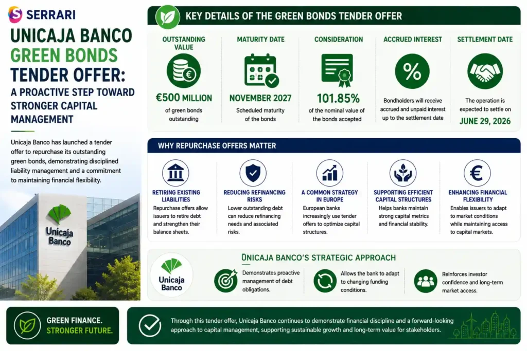 Unicaja Banco’s tender offer for its €500 million green bond issue maturing in November 2027. The infographic highlights that investors whose bonds are accepted will receive 101.85% of the nominal value plus accrued and unpaid interest up to the settlement date of June 29, 2026. It explains how bond repurchase offers help issuers retire existing liabilities, reduce refinancing risks, and maintain efficient capital structures. The infographic also emphasizes Unicaja Banco’s proactive approach to debt management and how the strategy enhances financial flexibility, supports long-term access to capital markets, and reflects broader trends among European banks seeking to optimize their funding structures.
