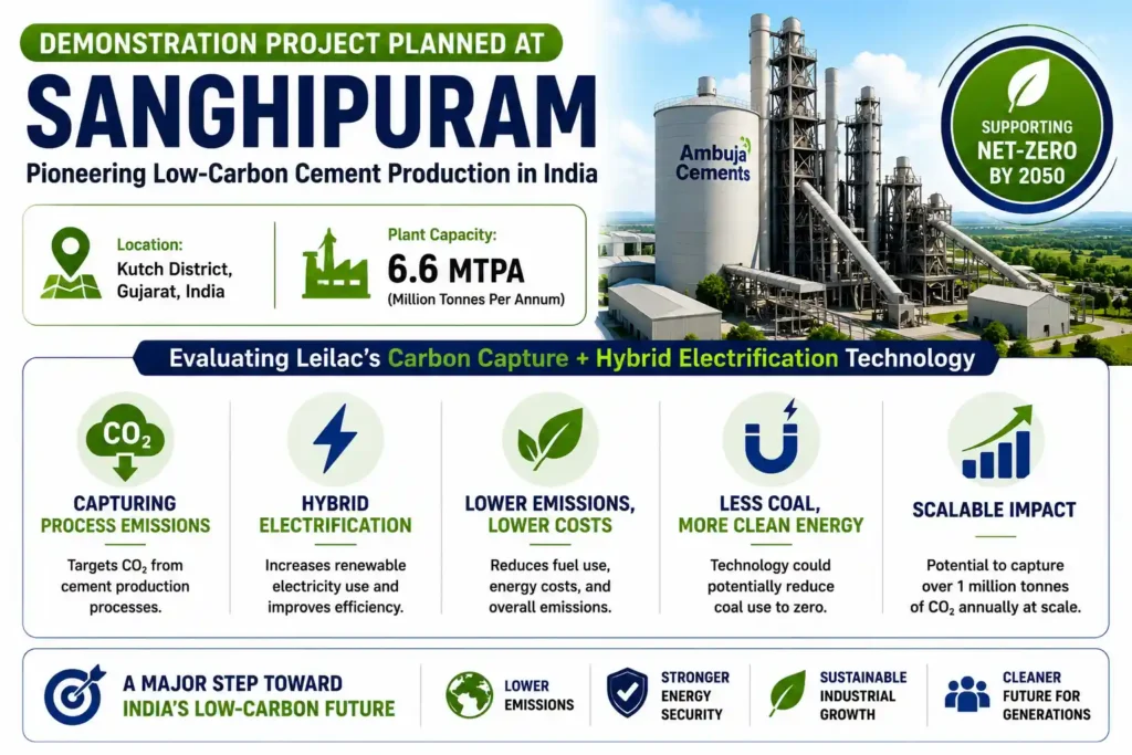 Infographic showing Ambuja and Leilac's low-carbon cement project at the Sanghipuram plant, featuring carbon capture and electrification technologies.