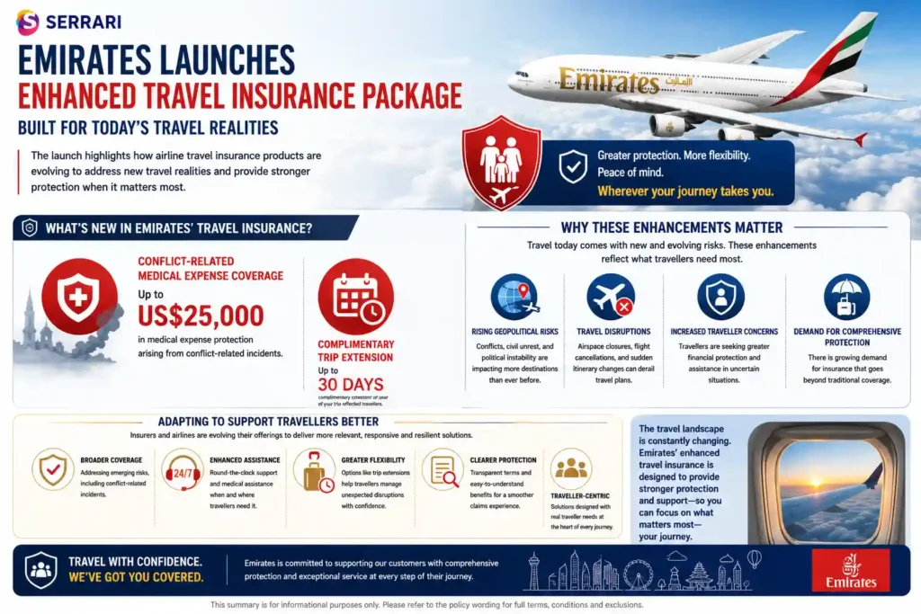 The evolution of airline travel insurance products to address emerging travel risks. The infographic showcases Emirates’ enhanced travel insurance package, including conflict-related medical expense coverage of up to US$25,000 and a complimentary trip extension of up to 30 days for affected travellers. It explains how growing concerns around geopolitical events, airspace closures, and unexpected travel disruptions are driving demand for more comprehensive protection. The infographic also illustrates how airlines and insurers are adapting their offerings to provide greater support, flexibility, and peace of mind for travellers navigating increasingly complex travel environments. 