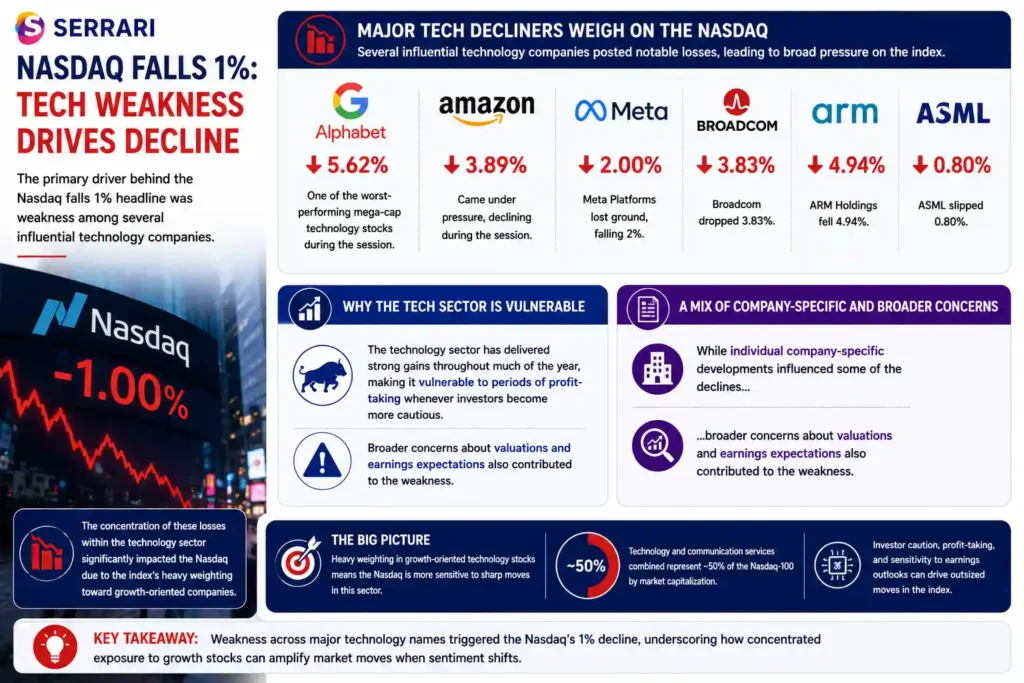 The factors behind the Nasdaq Composite Index falling 1%, driven largely by weakness among major technology companies. The infographic highlights declines in key stocks including Alphabet (-5.62%), Amazon (-3.89%), Meta Platforms (-2.00%), Broadcom (-3.83%), ARM Holdings (-4.94%), and ASML (-0.80%). It explains how strong gains earlier in the year left the technology sector vulnerable to profit-taking, while concerns about valuations and earnings expectations added pressure. The infographic also illustrates how the Nasdaq’s heavy concentration in growth-oriented technology companies amplified the impact of these declines, leading to broader weakness across the index. 