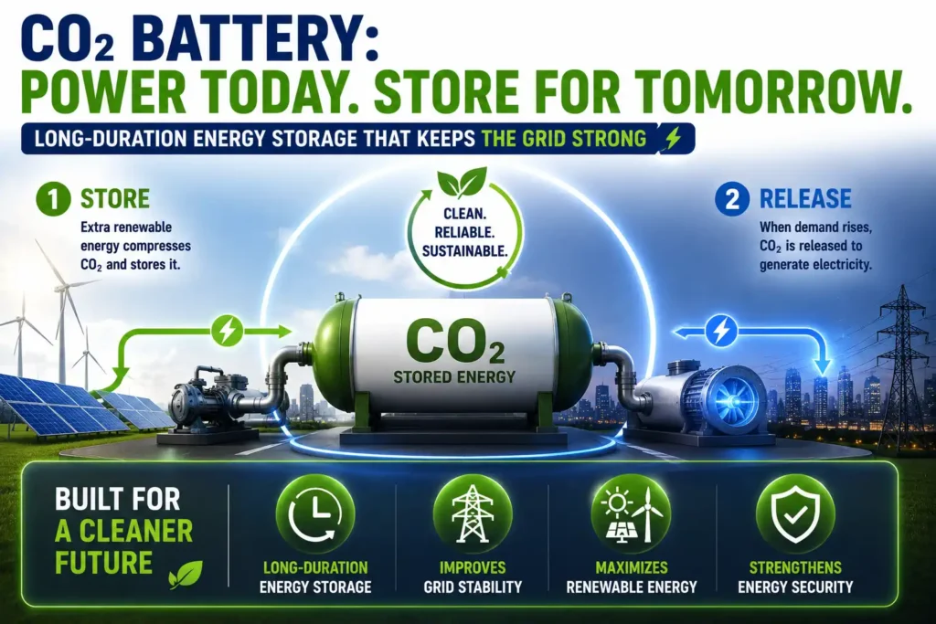 CO₂ battery infographic showing long-duration renewable energy storage and grid support. 