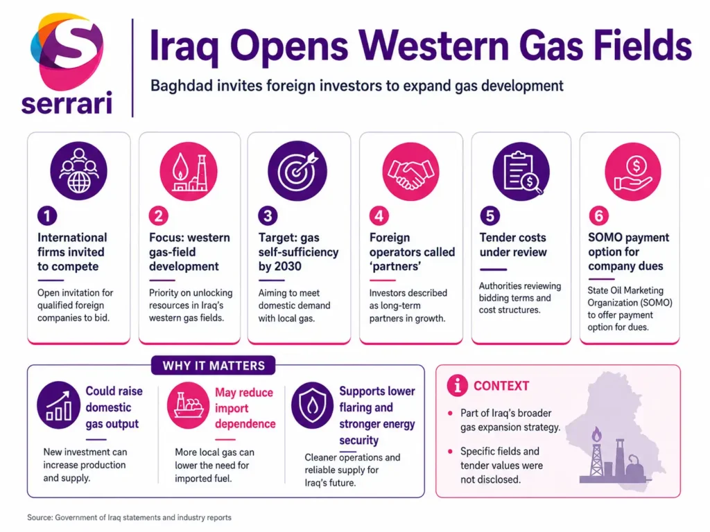 Infographic showing Iraq’s western gas field investment initiative, highlighting foreign investor participation, natural gas development, energy production growth, and economic impact