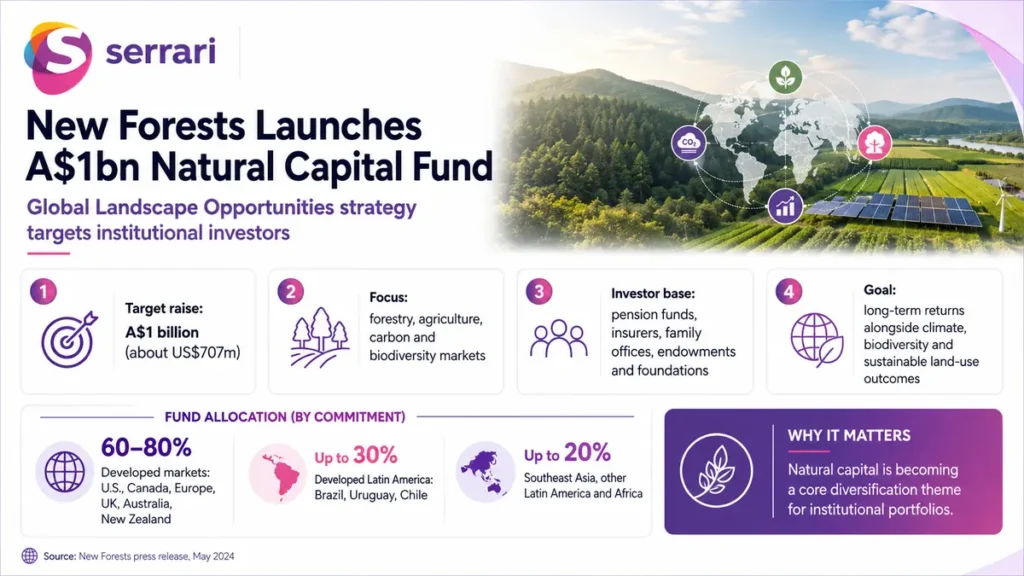 Infographic highlighting New Forests' A$1 billion Natural Capital Fund target and its focus on sustainable forestry and natural capital investments
