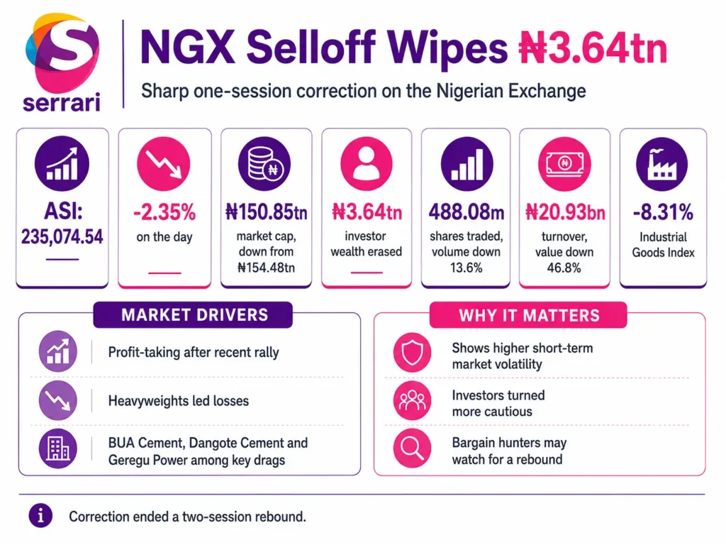 Infographic showing the NGX market selloff, highlighting the ₦3.64 trillion decline in market capitalization, sector performance, and investor sentiment trends