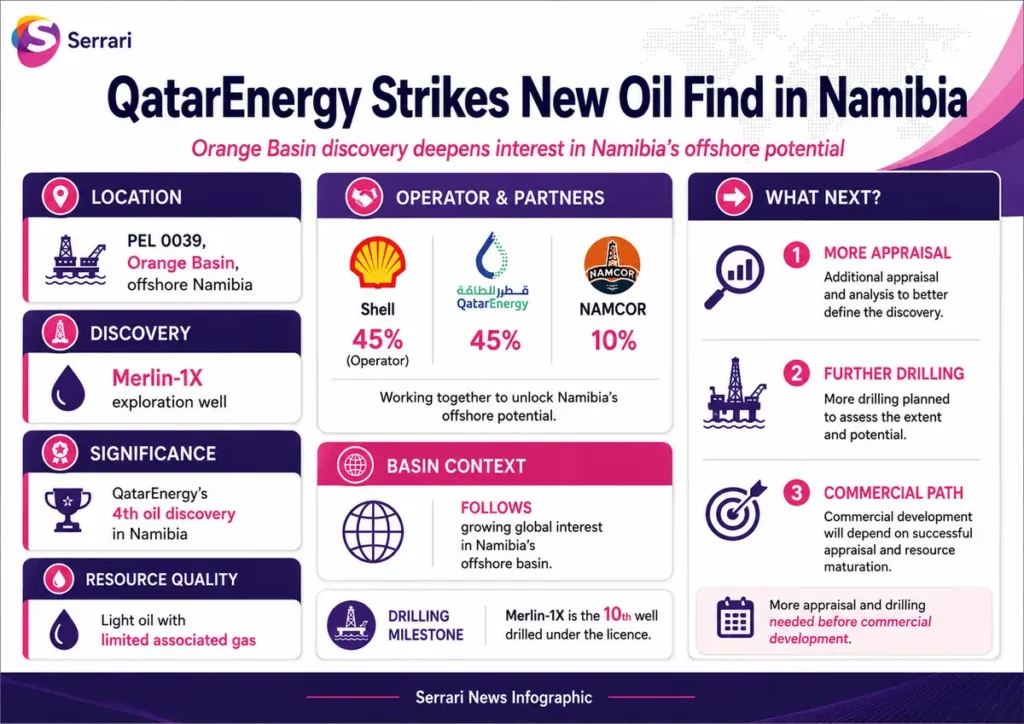 Infographic showing QatarEnergy’s Namibia oil discovery, highlighting offshore exploration, energy investment flows, and Africa’s emerging hydrocarbon potential.