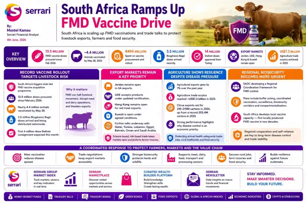 South Africa accelerating foot-and-mouth disease vaccination efforts to protect livestock health and stabilize cattle farming and agricultural production.