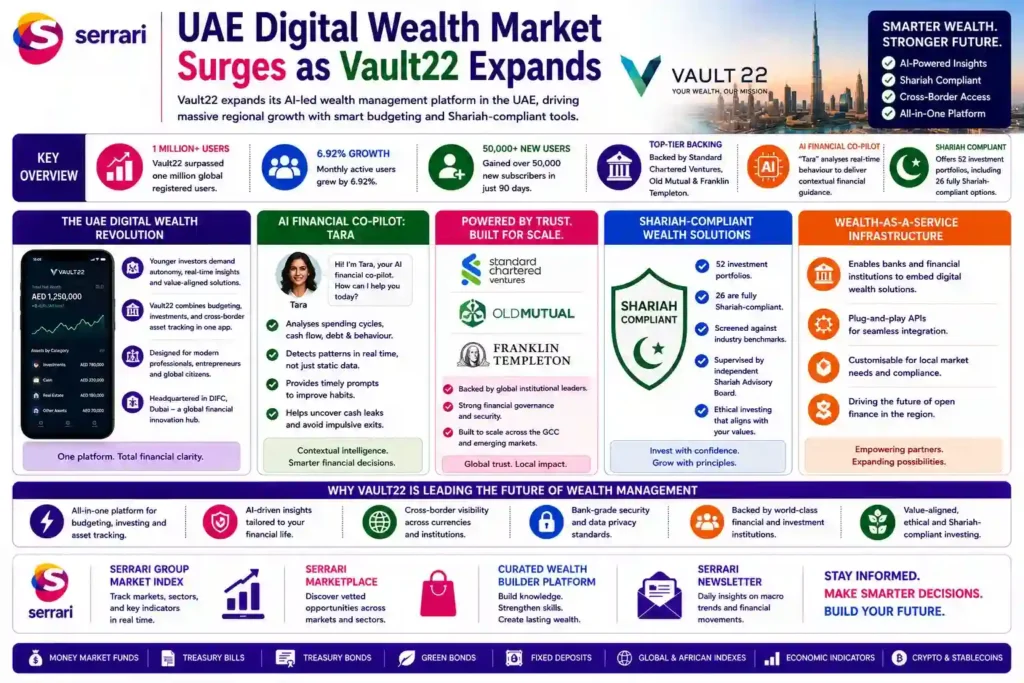 Infographic showing UAE digital wealth market growth and Vault22 expansion across fintech, digital investing, and wealth management sectors.