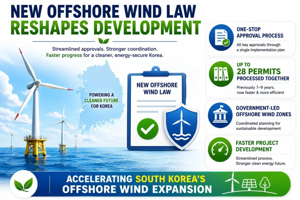 Infographic showing South Korea's new offshore wind law introducing a one-stop approval process for faster project development.