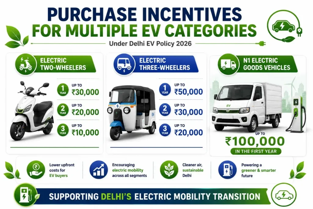 Infographic showing Delhi EV Policy 2026 purchase incentives for electric two-wheelers, three-wheelers, and N1 electric goods vehicles.