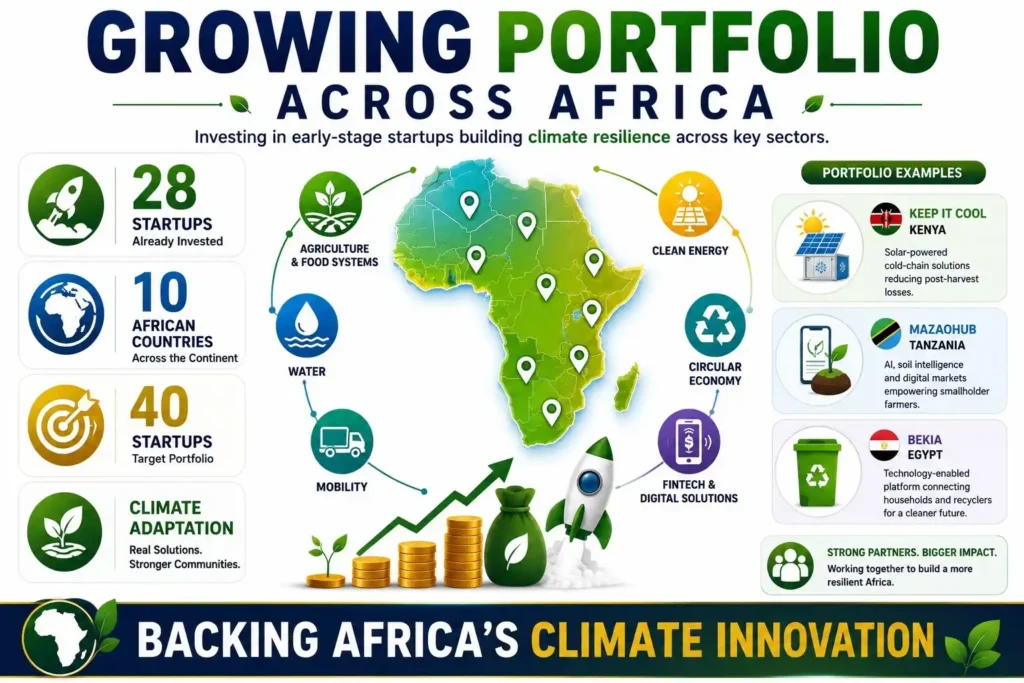 Infographic showing Catalyst Fund's climate startup investments across 10 African countries.