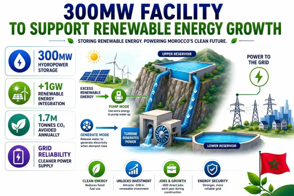 Infographic showing Morocco's 300MW pumped hydropower facility supporting renewable energy storage and grid stability.
