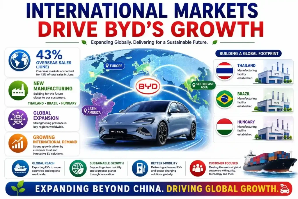 Infographic showing BYD's international expansion driving EV sales growth through overseas markets and new manufacturing hubs.