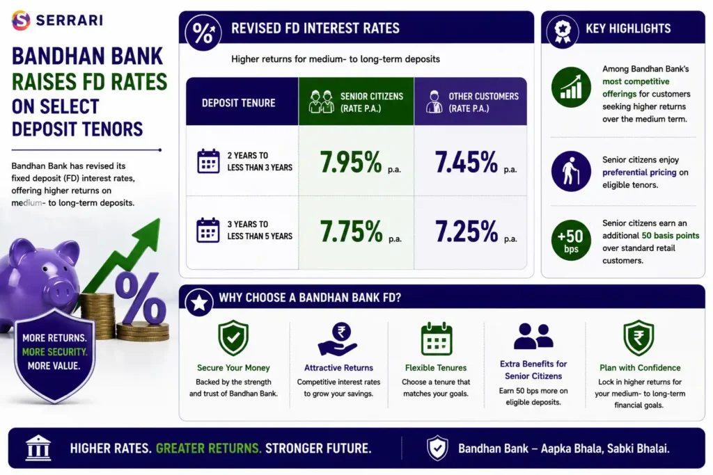 Bandhan Bank’s revised fixed deposit (FD) interest rates for medium-term investments. The infographic compares interest rates for senior citizens and regular customers across two deposit tenures, showing 7.95% for senior citizens and 7.45% for other customers on deposits with maturities of two years to less than three years, and 7.75% for senior citizens and 7.25% for other customers on deposits with maturities of three years to less than five years. It also emphasizes that senior citizens receive an additional 50 basis points over standard retail customers on eligible deposits. The infographic explains that these revised rates position the selected tenures among Bandhan Bank’s most competitive fixed deposit offerings, providing attractive medium-term returns while rewarding senior citizens with preferential pricing.