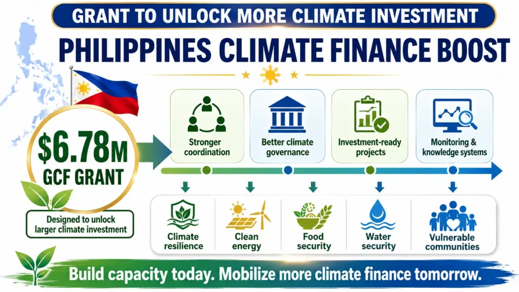 Bright infographic showing how the Philippines’ $6.78 million GCF grant will improve climate governance, project readiness, monitoring, and future climate investment. 
