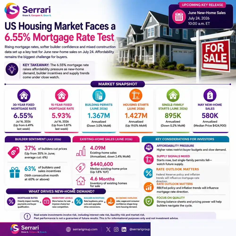 Serrari infographic showing the US housing market facing a 6.55% mortgage rate, with June permits at 1.367 million, housing starts at 1. 