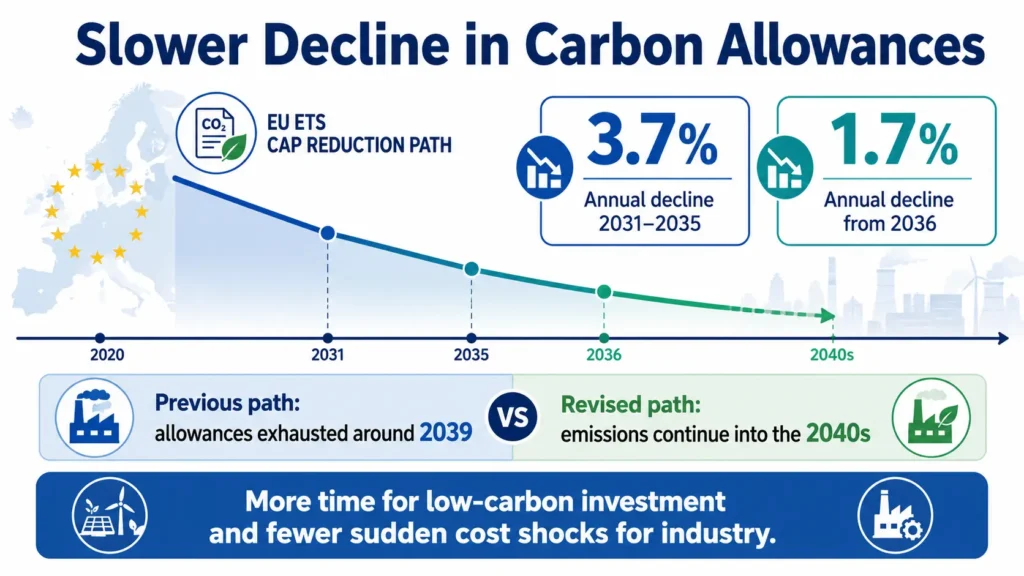 Landscape infographic showing the EU’s proposed slower decline in carbon allowances, with annual cuts of 3.7% from 2031–2035 and 1.7% from 2036. 