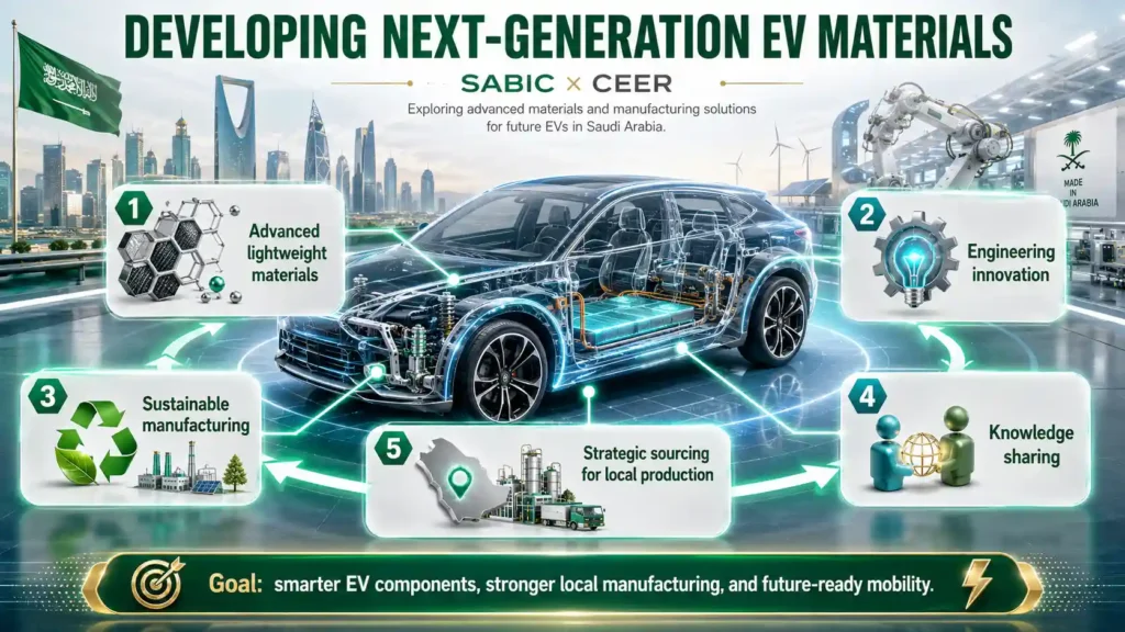 Landscape infographic showing SABIC and CEER developing lightweight materials, sustainable manufacturing, engineering innovation, and local sourcing for Saudi-made electric vehicles. 