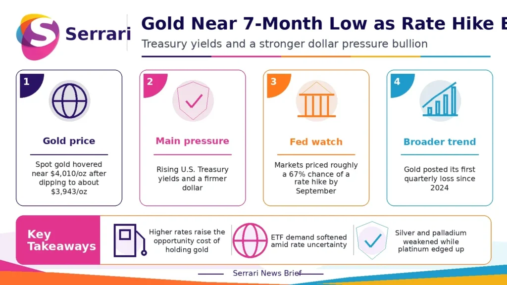 Infographic showing gold prices near a seven-month low, highlighting interest rate expectations, US dollar strength, bond yields, and global market sentiment