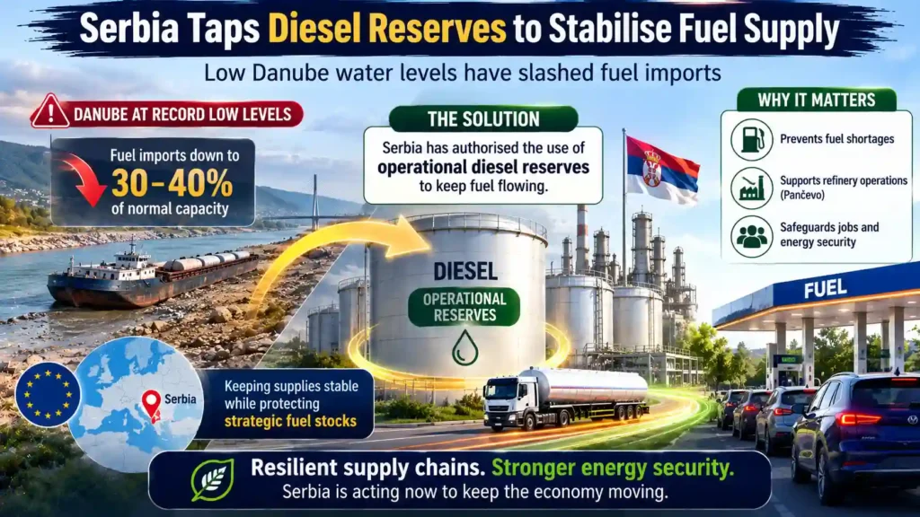 Landscape infographic showing Serbia using operational diesel reserves after low Danube levels cut fuel-import capacity to 30–40% of normal. 