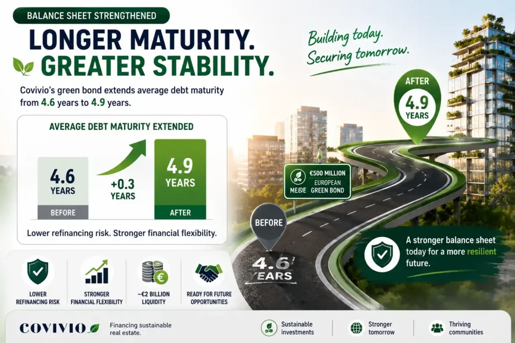 Landscape infographic showing Covivio extending its average debt maturity from 4.6 to 4.9 years, reducing refinancing risk and strengthening financial stability. 