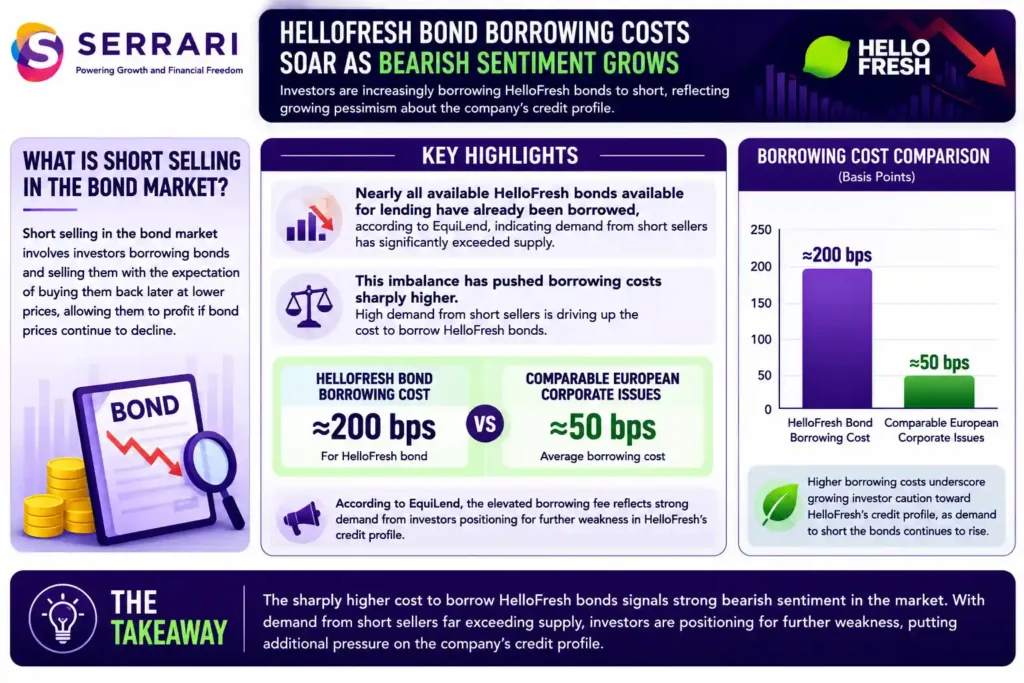 The surge in short selling of HelloFresh bonds amid growing bearish sentiment toward the company's credit profile. The infographic explains that short selling involves investors borrowing bonds, selling them, and seeking to repurchase them later at lower prices if bond values decline. It shows that nearly all HelloFresh bonds available for lending have already been borrowed, according to EquiLend, indicating that demand from short sellers has significantly exceeded available supply. It also compares the borrowing cost of approximately 200 basis points for HelloFresh bonds with the roughly 50 basis point average for comparable European corporate bonds, emphasizing that the elevated borrowing fee reflects strong investor demand to position for further weakness in the company's credit outlook.