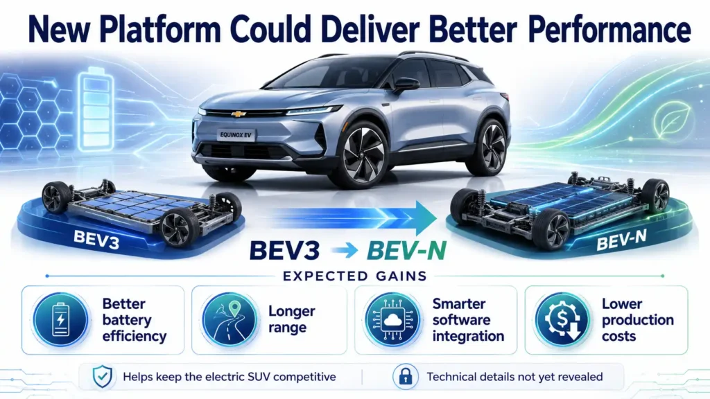 Bright landscape infographic showing the Chevrolet Equinox EV moving from the BEV3 platform to BEV-N, with expected gains in efficiency, range, software integration and production costs.
