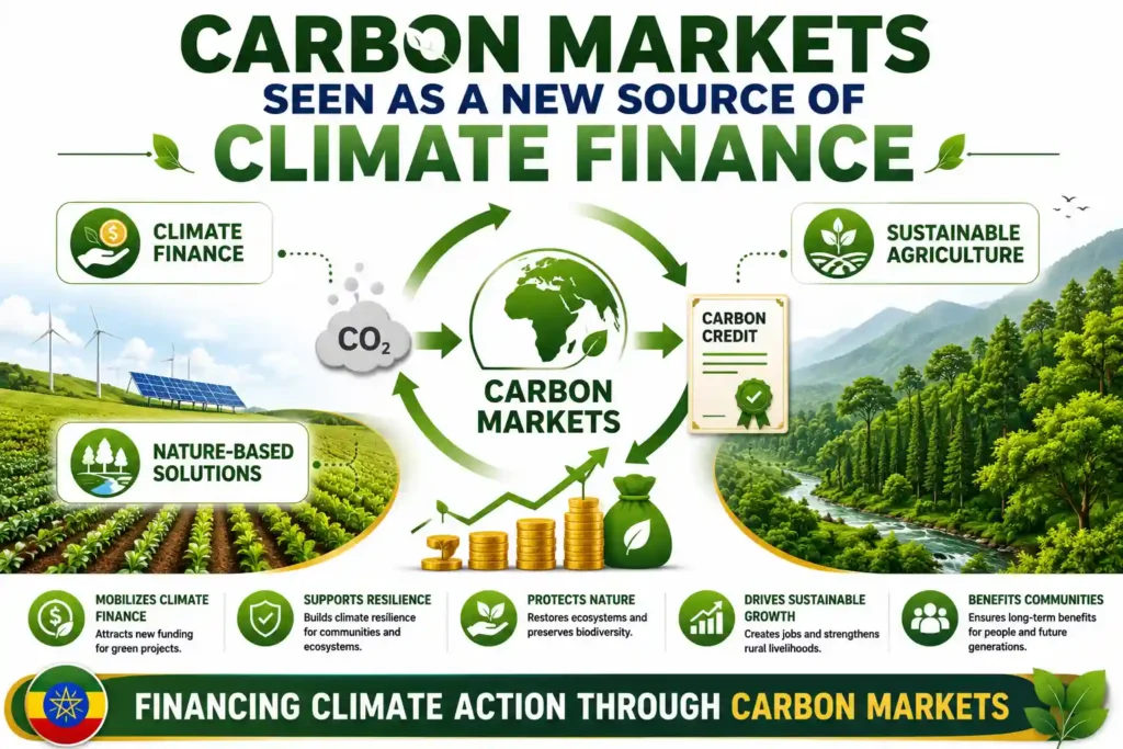Infographic showing carbon markets supporting climate finance and sustainable agriculture in Ethiopia.