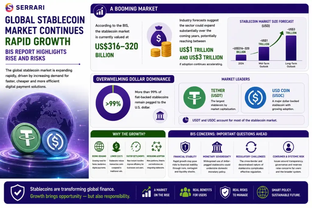 The rapid growth of the global stablecoin market and the financial stability concerns raised by the Bank for International Settlements (BIS). The infographic shows the stablecoin market reaching approximately US$316–320 billion, with more than 99% of fiat-backed stablecoins pegged to the U.S. dollar and dominated by Tether (USDT) and USD Coin (USDC). It also presents industry forecasts projecting the market could expand to between US$1 trillion and US$3 trillion as adoption accelerates. The infographic explains that while stablecoins are driving innovation in digital payments and cross-border transactions, the BIS believes their rapid growth also raises important questions about financial stability, monetary sovereignty, and the need for effective regulatory oversight.