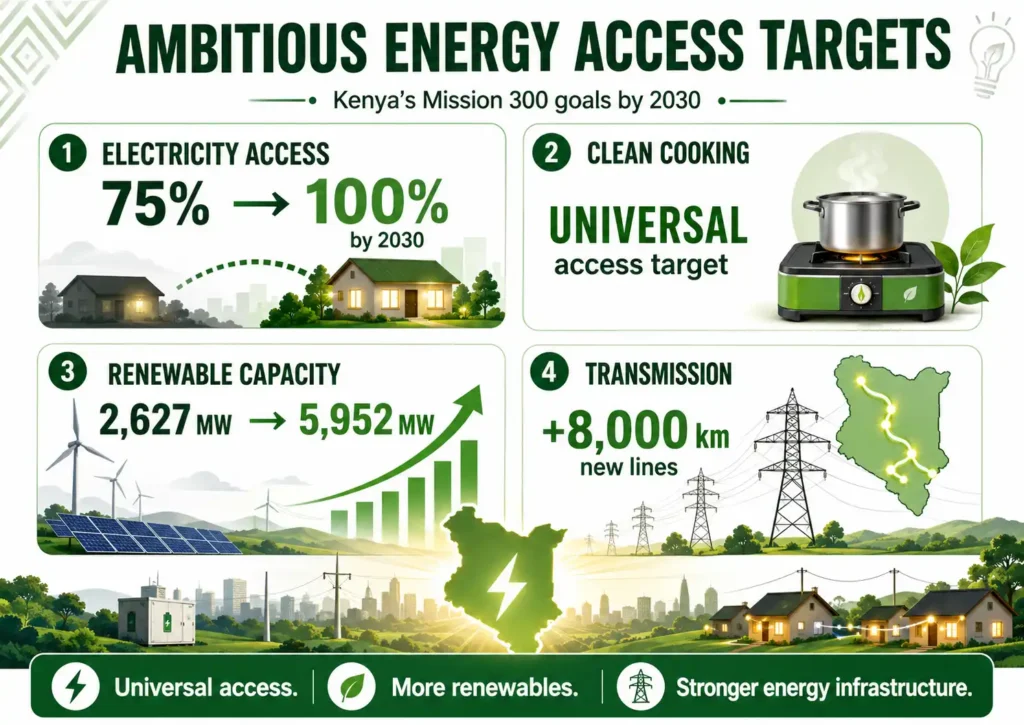 Bright landscape infographic showing Kenya’s 2030 energy targets: universal electricity and clean cooking access, renewable capacity rising to 5,952 MW, and 8,000 km of new transmission lines. 