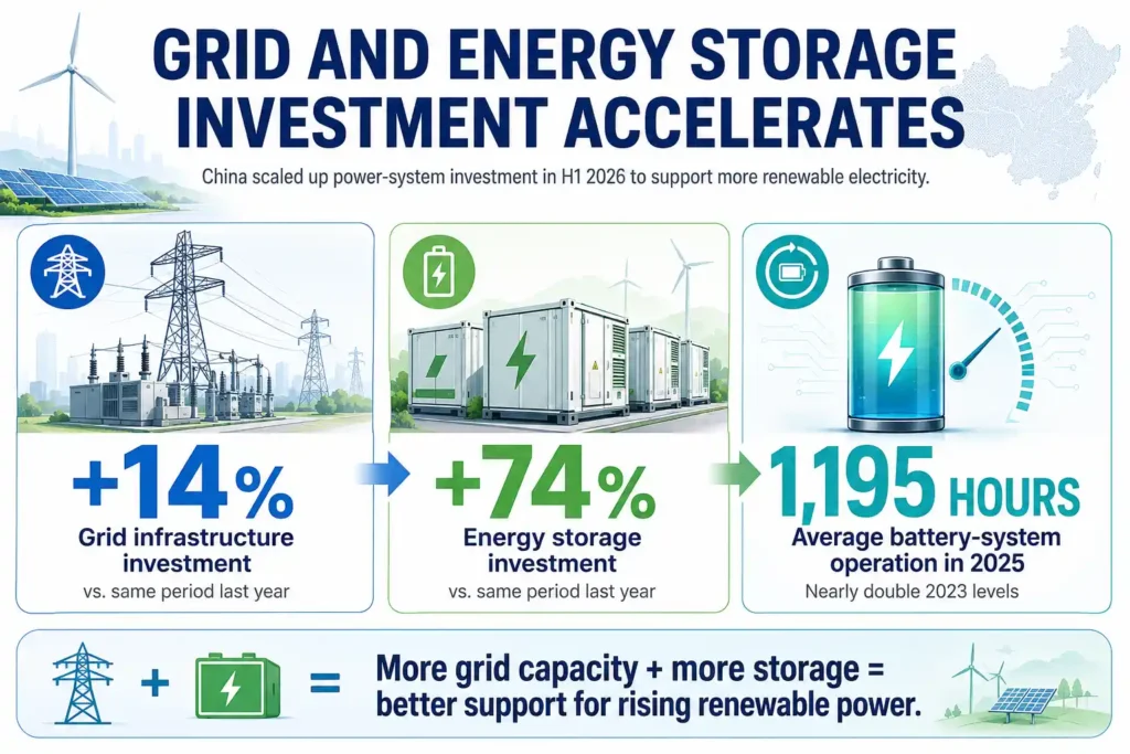 Bright landscape infographic showing China’s grid investment rising 14%, energy storage investment increasing 74%, and battery systems averaging 1,195 operating hours. 