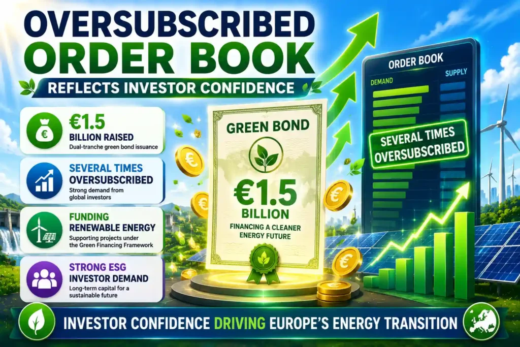 RWE has successfully raised €1.5 billion through a dual-tranche green bond issuance to support its renewable energy investment programme. The bond attracted strong investor demand, with subscriptions exceeding the available offering several times. The proceeds will be used to finance eligible projects under RWE's Green Financing Framework, reinforcing the company's commitment to sustainable financing and Europe's clean energy transition.
Key Overview
RWE issued a €1.5 billion green bond in two tranches.
The issuance consisted of €750 million six-year and €750 million eleven-year bonds.
The bond attracted strong investor demand and was several times oversubscribed.
Proceeds will finance projects under RWE's Green Financing Framework.
The issuance supports RWE's renewable energy investment programme.
Strong Investor Demand Supports Green Financing
German energy company RWE has successfully completed a €1.5 billion green bond issuance, attracting strong investor demand as it continues expanding investment in renewable energy and sustainable infrastructure.
The green bond was issued in two tranches of €750 million each, with a 6-year tenor and a 11-year tenor respectively. According to the company, the offering was several times oversubscribed, demonstrating continued investor confidence in sustainable finance and RWE's long-term clean energy strategy.
The proceeds will be used to finance projects in line with the company's Green Financing Framework, supporting investments that contribute to the energy transition.
Two-Tranche Bond Structure
The first tranche of the issuance consists of €750 million with a six-year tenor.
It offers a yield-to-maturity of 3.497%, based on an annual coupon of 3.375% and 99.546% issue price.
The second tranche, also valued at €750 million, has an eleven-year tenor and provides a yield-to-maturity of 4.052%, based on a 4.000% annual coupon and 99.546% issue price .
The dual-tranche structure allows RWE to diversify its funding profile while securing long-term capital to support its investment plans.
Oversubscribed Order Book Reflects Investor Confidence
Alt Text
Infographic showing strong investor demand for RWE's €1.5 billion green bond issuance supporting renewable energy investments.
RWE reported that the bond issuance received exceptionally strong market interest.
The order book was oversubscribed several times, indicating robust demand from institutional investors seeking sustainable investment opportunities despite evolving market conditions.
The successful transaction highlights the continued growth of the global green bond market, where investors increasingly prioritise environmental, social and governance (ESG) investments alongside competitive financial returns.
Strong demand also enabled RWE to successfully access capital markets while reinforcing investor confidence in its renewable energy strategy.
Funding Renewable Energy Investments
According to RWE, the net proceeds from the green bond will be allocated to finance its investment programme in accordance with the company's Green Financing Framework.
The framework governs how capital raised through sustainable financing instruments is directed toward eligible environmental projects that contribute to decarbonisation, renewable energy development, and the wider energy transition.
Green bonds have become an increasingly important financing tool for utilities seeking to accelerate investment in renewable generation while meeting growing investor demand for sustainable assets.
Context is everything. Stay ahead of shifting trends with today’s market updates, and uncover emerging opportunities using the Serrari Group Market Index and Marketplace. Then, take control of your own financial future by exploring our Money & Life Reset Transformation Blueprint ™ to build stronger habits, create better systems, and design a path toward lasting wealth.
Green Finance Continues Expanding
The transaction reflects the continued expansion of sustainable finance across global capital markets.
Green bonds allow companies to raise dedicated funding for environmentally beneficial projects while providing investors with greater transparency regarding the use of proceeds.
As governments and businesses continue increasing investment in clean energy infrastructure, green bonds are becoming one of the fastest-growing segments of the international debt market.
Large utilities such as RWE continue to play a significant role in this market by linking financing directly to renewable energy and climate-related investments.
Supporting Europe's Energy Transition
RWE remains one of Europe's largest energy companies and continues investing heavily in renewable energy generation as part of its long-term decarbonisation strategy.
Access to sustainable financing enables the company to accelerate the deployment of clean energy projects while supporting broader European climate and energy objectives.
The latest bond issuance demonstrates how capital markets continue supporting large-scale investment in renewable infrastructure, helping utilities finance projects that contribute to reducing greenhouse gas emissions and strengthening energy security.
Outlook
RWE's successful €1.5 billion green bond issuance reflects the sustained strength of investor appetite for high-quality sustainable finance opportunities and reinforces the growing role of green bonds in funding Europe's clean energy transition. As renewable energy investment requirements continue to expand across Europe, sustainable financing instruments are expected to remain a key source of long-term capital for utilities pursuing decarbonisation, grid modernisation, and energy transition strategies. By allocating the proceeds to eligible projects under its Green Financing Framework, RWE continues strengthening its renewable energy portfolio while supporting the development of cleaner energy infrastructure. The transaction also highlights how strong investor confidence in ESG-focused investments is helping accelerate capital flows into projects that contribute to Europe's long-term climate, energy security, and net-zero ambitions.
FAQs
1. How much did RWE raise through the green bond?
RWE raised €1.5 billion through a green bond issued in two €750 million tranches.
2. What will the proceeds be used for?
The proceeds will finance eligible projects under RWE's Green Financing Framework and support its renewable energy investment programme.
3. Was the bond well received by investors?
Yes. The order book was several times oversubscribed, reflecting strong investor demand.
4. Why are green bonds important?
Green bonds provide funding for environmentally sustainable projects while allowing investors to support climate-related investments through transparent financing frameworks.
Sources: reNEWS, RWE, energy-pedia
Your financial future isn’t something you wait for—it’s something you build.
The real question is: when do you begin?
Move beyond simply staying informed.
Navigate the markets with clarity—track trends through the Serrari Group Market Index, uncover opportunities in the Serrari Marketplace, and build practical knowledge with our Curated Wealth Builder Platform.
Stay connected to what truly matters.
Get daily insights on macro trends and financial movements across Kenya, Africa, and global markets—delivered through the Serrari Newsletter.
Growth opens doors.
Advance your career through professional programs including ACCA, HESI A2, ATI TEAS 7 , HESI EXIT , NCLEX - RN and NCLEX - PN, Financial Literacy!🌟—designed to move you forward with confidence.
See where money is flowing—clearly and in real time.
Track Money Market Funds, Treasury Bills, Treasury Bonds, Green Bonds, and Fixed Deposits, alongside global and African indexes, key economic indicators, and the evolving Crypto and stablecoin landscape—all within Serrari’s Market Index.