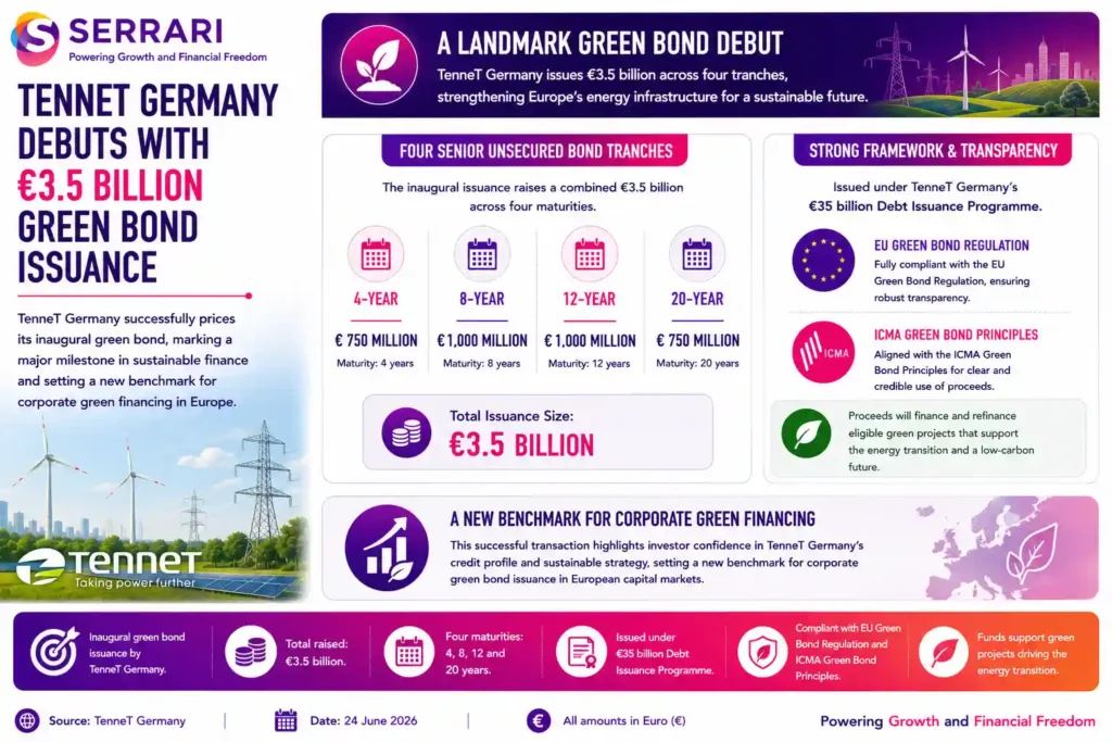 TenneT Germany’s inaugural €3.5 billion green bond issuance. The infographic shows that the bond was issued in four senior unsecured tranches with maturities of 4, 8, 12, and 20 years under the company’s €35 billion Debt Issuance Programme. It also emphasizes that the issuance complies with both the EU Green Bond Regulation and the ICMA Green Bond Principles, providing investors with a high level of transparency on the use of proceeds. The infographic concludes that the transaction establishes a new benchmark for corporate green financing in the European capital markets while supporting long-term sustainable energy infrastructure investment. 