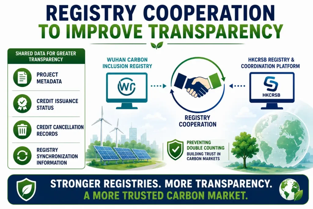 Infographic showing registry cooperation to improve transparency, data sharing, and prevent double counting in cross-border carbon markets. 