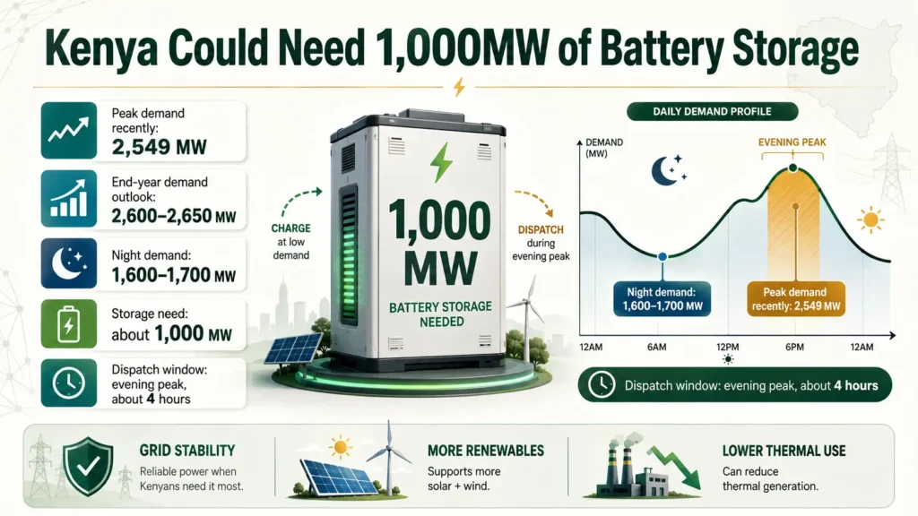 Kenya could require 1,000MW of battery storage to support grid stability and renewable energy. 