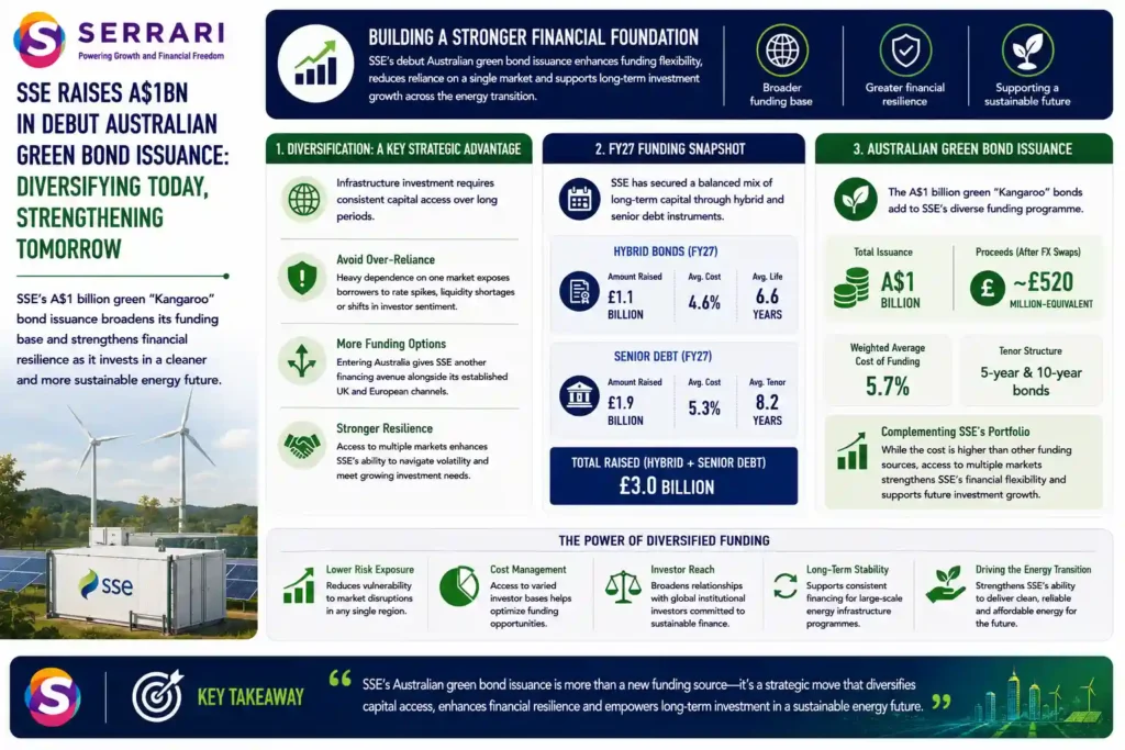 SERRARI infographic highlighting how SSE’s A$1 billion debut Australian green bond issuance diversifies its funding sources and strengthens financial resilience. During FY27, SSE raised approximately £1.1 billion in hybrid bonds at an average cost of 4.6% and average life of 6.6 years, alongside £1.9 billion in senior debt at an average cost of 5.3% and average tenor of 8.2 years. The Australian green bond adds approximately £520 million-equivalent at a weighted average funding cost of 5.7%. The infographic emphasizes that accessing Australia alongside established UK and European funding channels reduces reliance on individual markets and provides greater financing flexibility for SSE’s long-term infrastructure and clean-energy investment programme. 