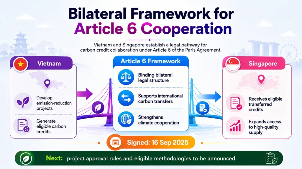 Vietnam and Singapore establish an Article 6 framework for carbon credit cooperation and international transfers. 