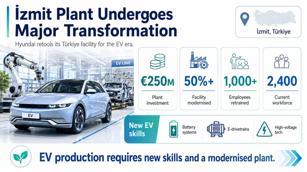 Hyundai modernises its İzmit plant with €250 million to support EV production and retrain more than 1,000 employees. 