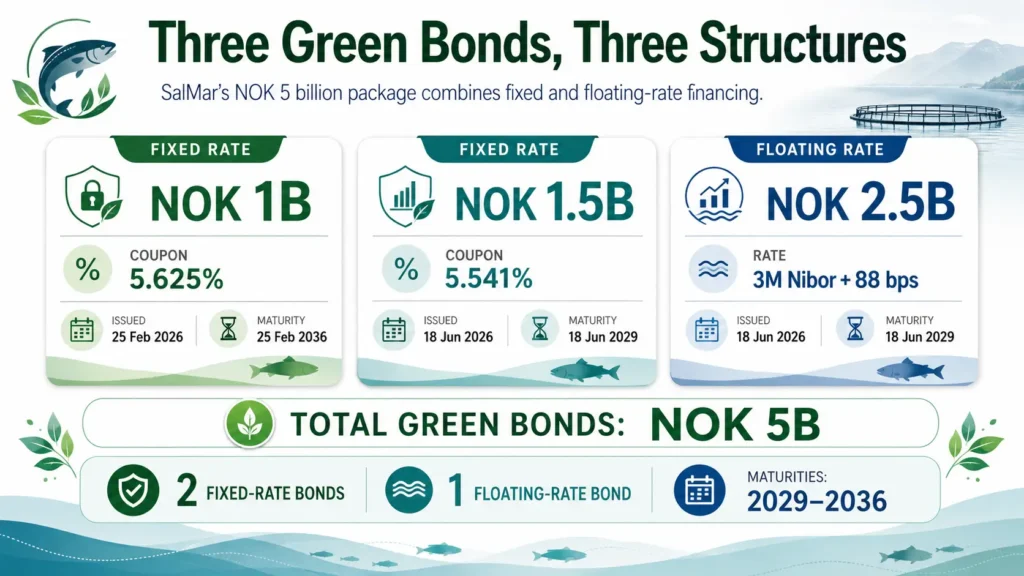 Infographic showing SalMar’s three green bond issues worth NOK 5 billion, with different structures and maturities. 