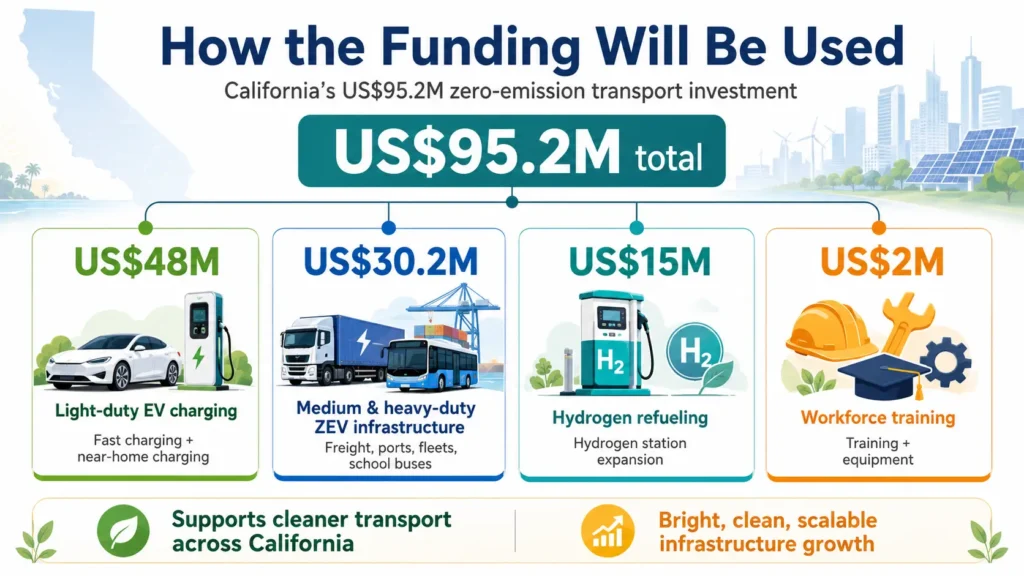 California allocates $95.2 million to EV charging, hydrogen refueling, heavy-duty ZEV infrastructure and workforce training. 
