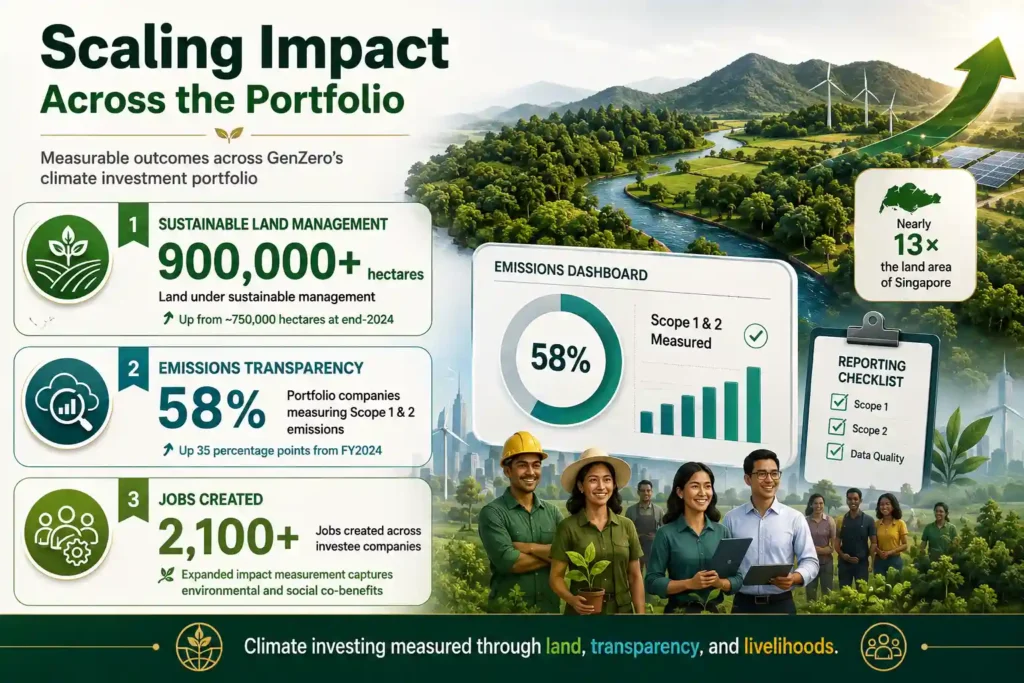 Landscape infographic showing GenZero’s impact across land management, emissions transparency and job creation.