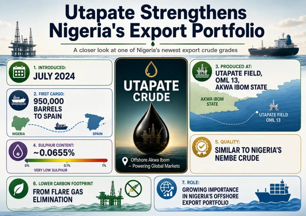 Landscape infographic profiling Nigeria’s Utapate crude and its growing export role.