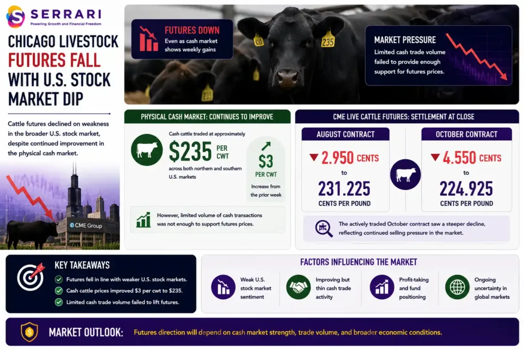 SERRARI infographic highlighting the decline in Chicago cattle futures despite continued improvement in the U.S. physical cash cattle market. The infographic shows that cash cattle traded at approximately US$235 per hundredweight (cwt) across both northern and southern U.S. markets, representing an increase of US$3 per cwt from the previous week. It also explains that limited cash trading volumes failed to provide sufficient support for futures prices. The infographic further highlights that CME August live cattle futures fell 2.950 cents to 231.225 cents per pound, while the actively traded October contract declined 4.550 cents to 224.925 cents per pound. It emphasizes that weaker sentiment in broader financial markets and subdued cash market activity outweighed improving cash prices, placing continued pressure on livestock futures.