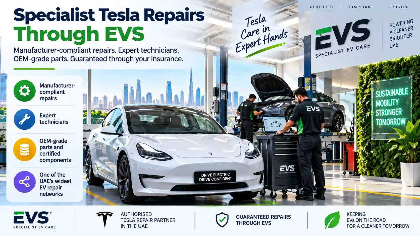 Infographic showing EVS providing specialist Tesla repairs in the UAE with manufacturer-compliant servicing, expert technicians and OEM-grade parts.
