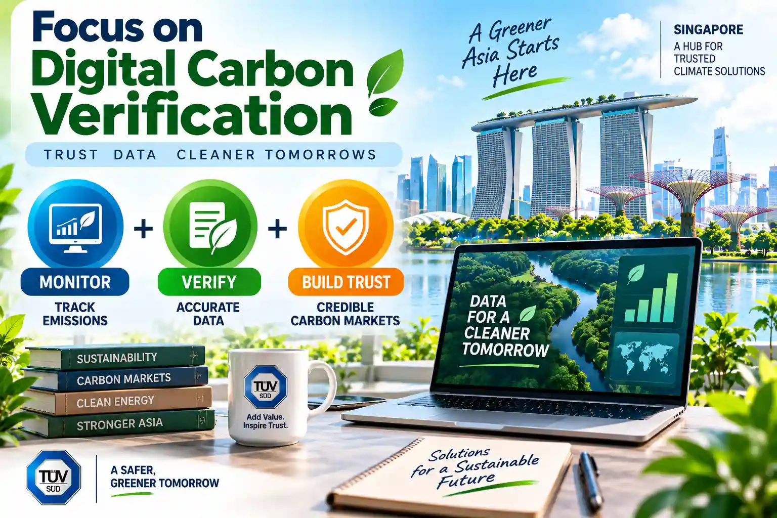 Infographic showing TÜV SÜD’s Singapore decarbonisation centre using digital monitoring, verification and independent assurance to strengthen trusted carbon markets. 