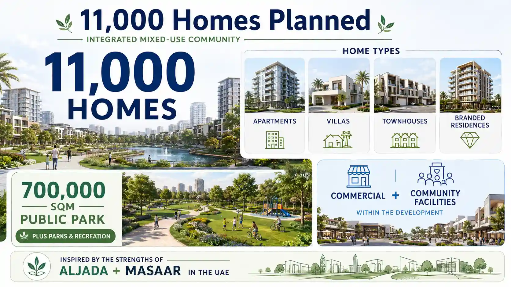 Infographic showing Arada’s New Damascus development with 11,000 homes, multiple housing types and a 700,000 sqm public park. 