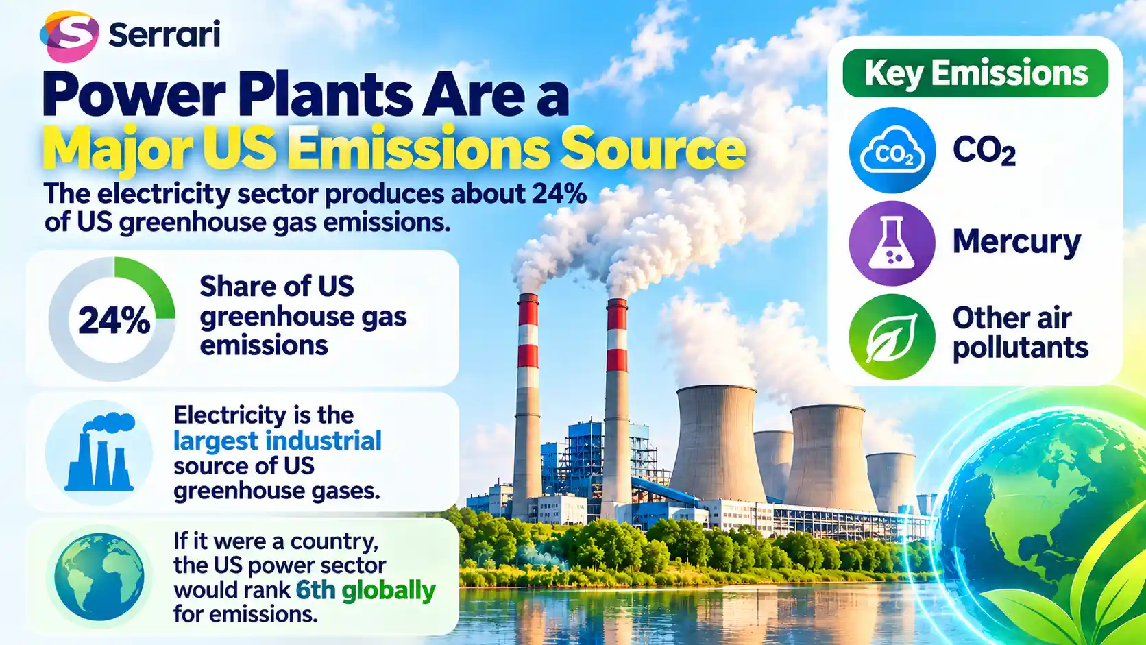Infographic showing U.S. power plants as a major emissions source, accounting for about 24% of greenhouse gas emissions and releasing CO₂, mercury and other air pollutants.