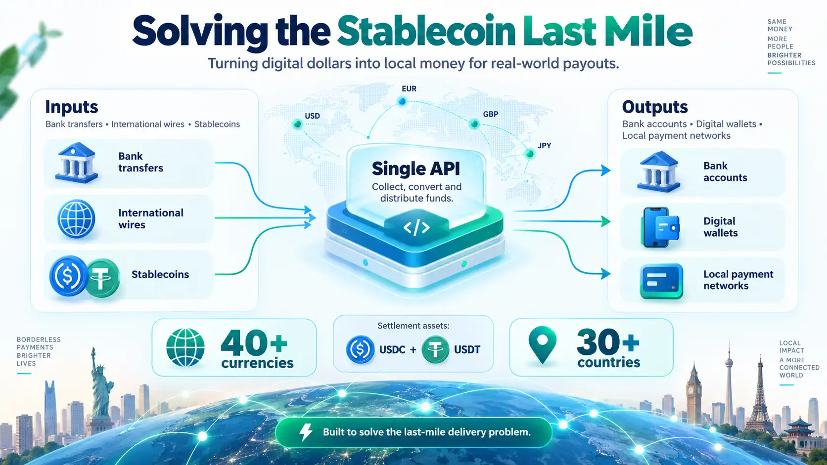 Infographic showing Fin.com converting stablecoins and bank transfers into local bank accounts, digital wallets and payment networks across 30+ countries.