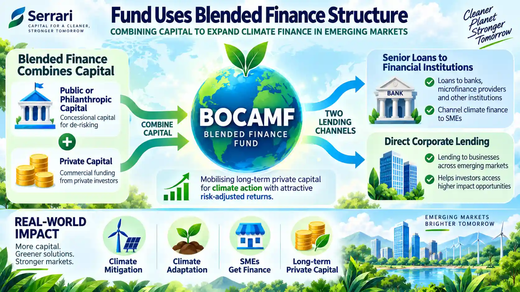 Infographic showing BOCAMF’s blended finance model combining public or philanthropic capital with private investment to fund climate action, SMEs and businesses across emerging markets.
