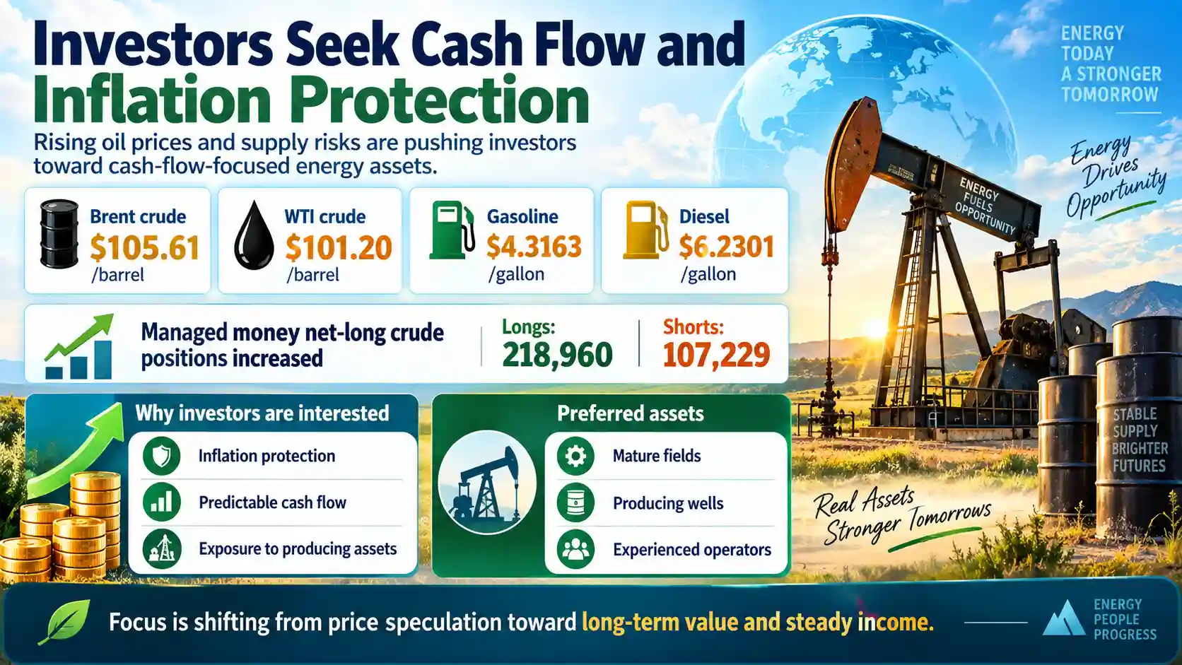 Infographic showing investors favoring oil and gas assets for predictable cash flow, inflation protection and long-term value as energy prices rise.