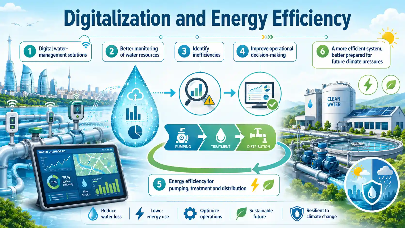 Digital water-management and energy-efficiency upgrades can reduce water losses, lower energy use and strengthen Baku’s climate resilience. 